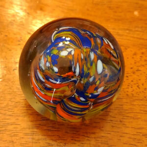 Orange, Yellow, White and Blue Blown Spiral Glass Paperweight